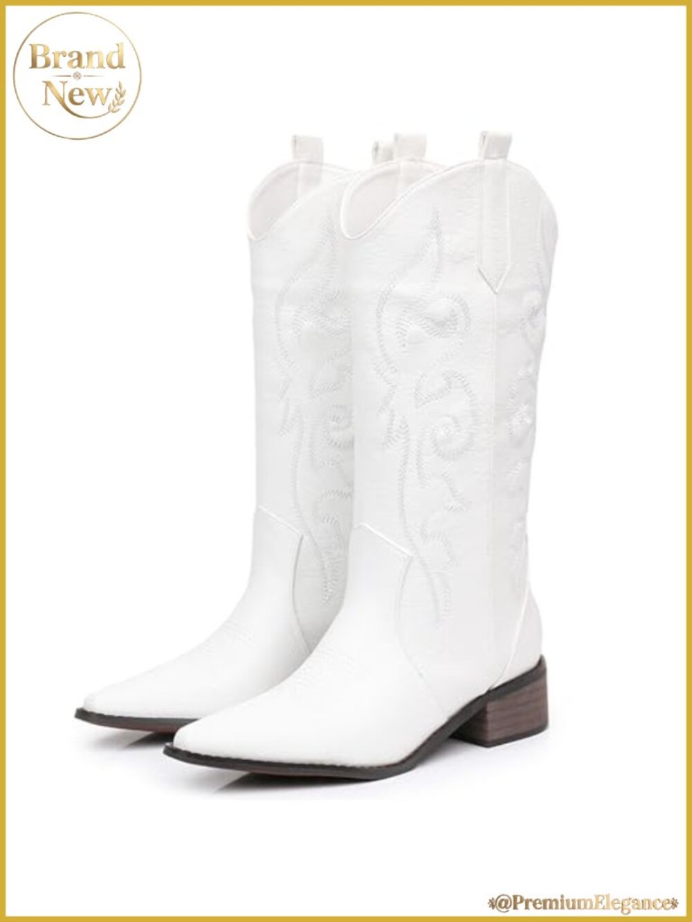 Faux Leather Embroidered Cowboy Boots Pointed Toe Chunky Heel Western Mid-Calf